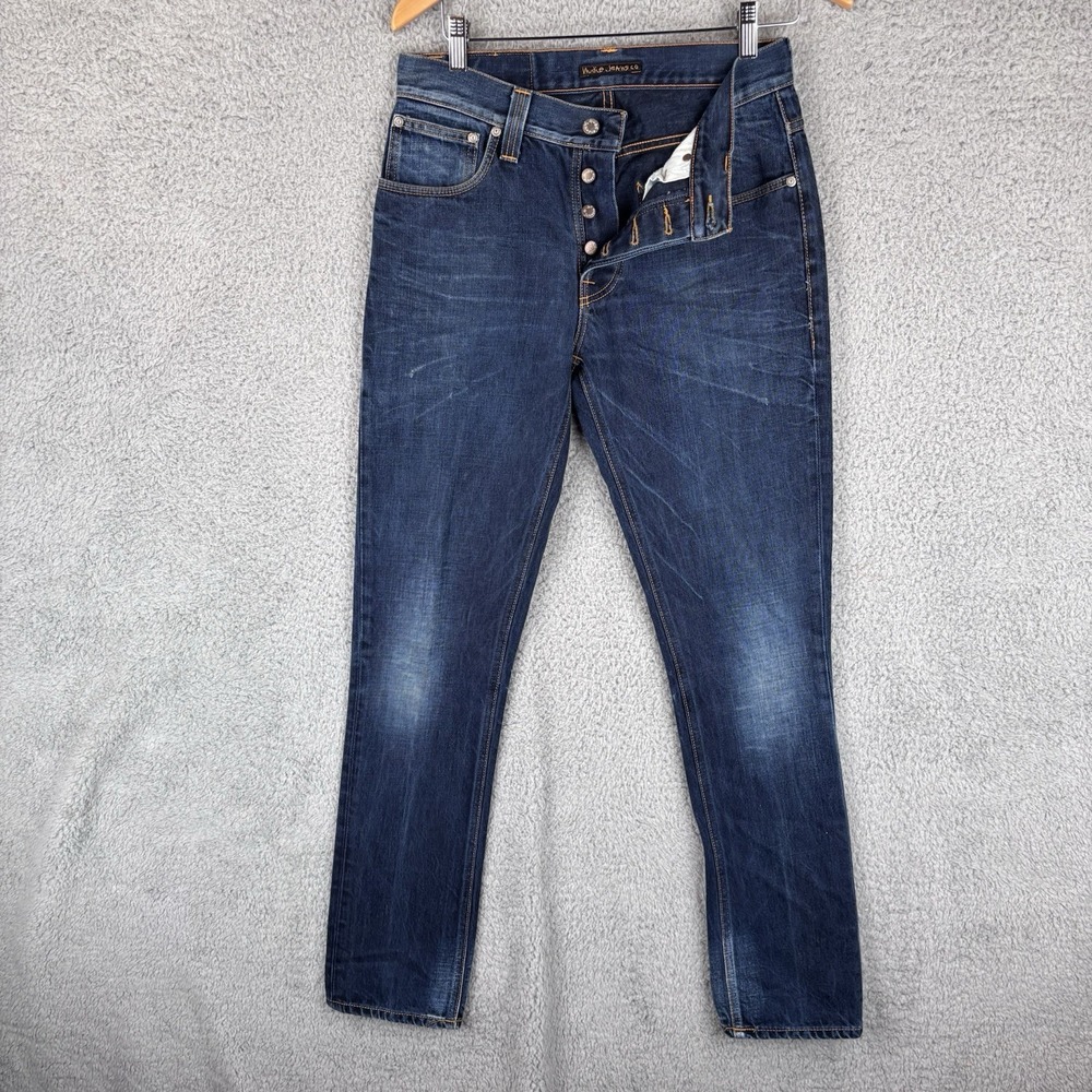Nudie Jeans Mens 30x32 Grim Tim Frosty Blue Button Fly Raw Denim Tapered